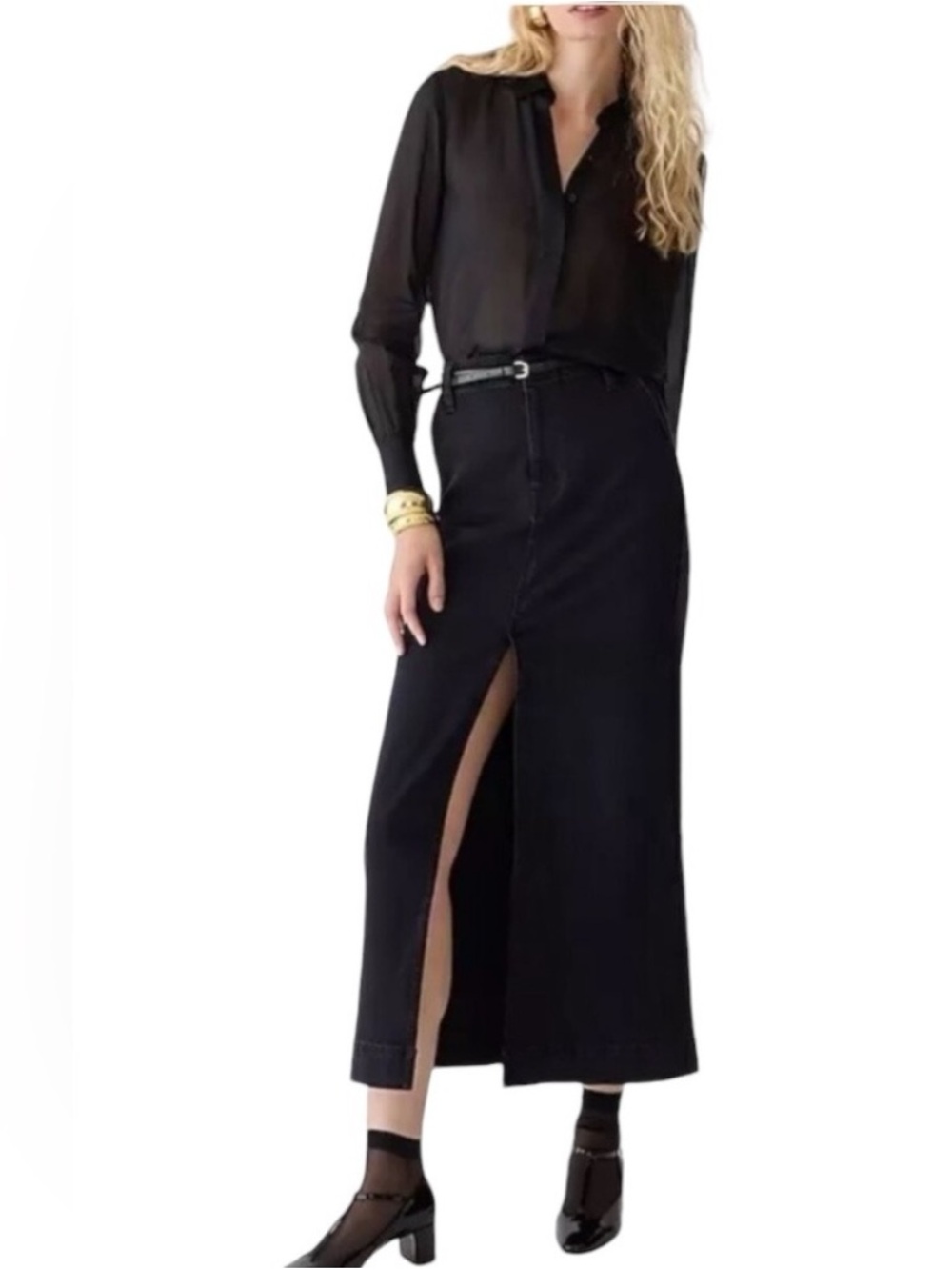 J.Crew Denim Maxi Skirt Size 30 Washed Black Front Slit High Rise